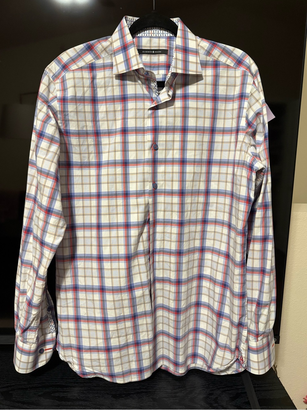 Arrow Menswear Button-Down Plaid Shirt - White with Blue & Red Plaid